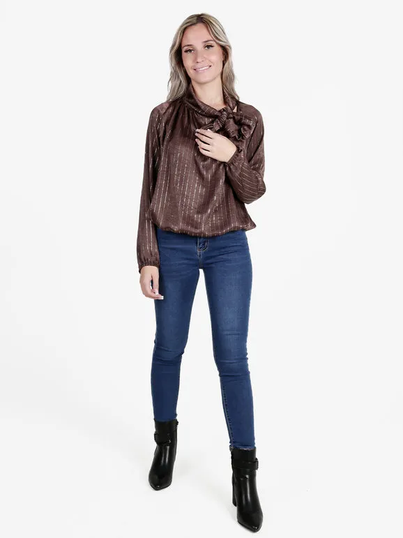 Daystar Blusa de mujer de manga larga con rayas plateadas.