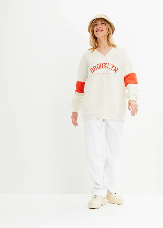 Sudadera ancha Marfil-naranja rojo estampado